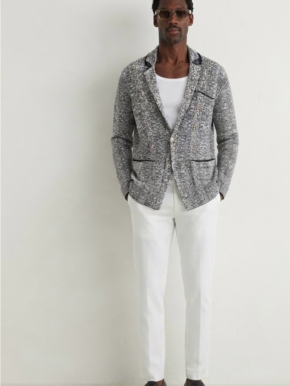 Saks Fifth Avenue Grey Marled Blazer Cardigan with Black Trim_Limited edition